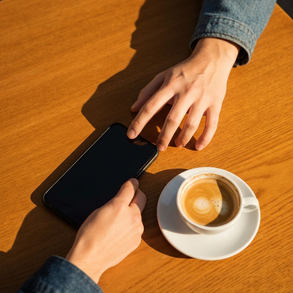 Persona revisando su préstamo en el móvil con un café por la mañana