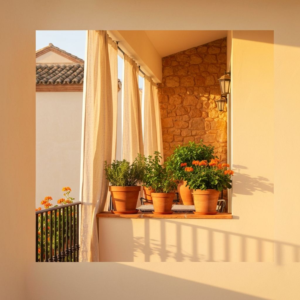 Balcón mediterráneo con plantas y luz dorada