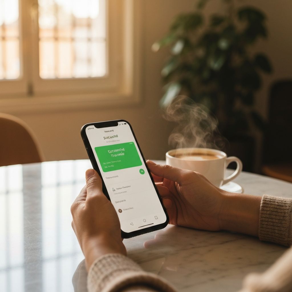 Manos sosteniendo un móvil con notificación de transferencia exitosa